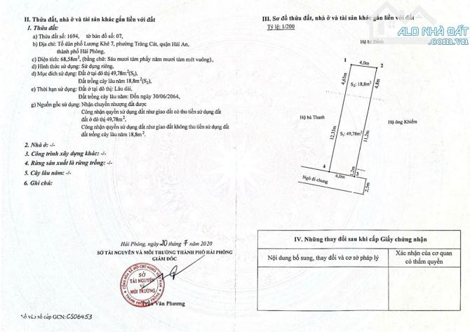 Bán gấp lô đất tại ngõ 216 Cát Linh, Tràng Cát dt 68,58m2 ngõ rộng 2,5m giá chỉ 1 Tỷ180tr.