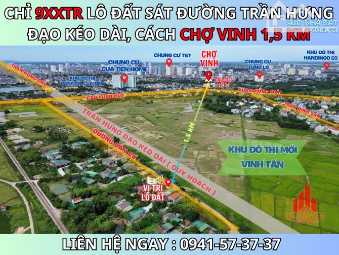 CHỈ 9XXTR LÔ ĐẤT SÁT ĐƯỜNG TRẦN HƯNG ĐẠO KÉO DÀI, CÁCH CHỢ VINH 1,5 KM