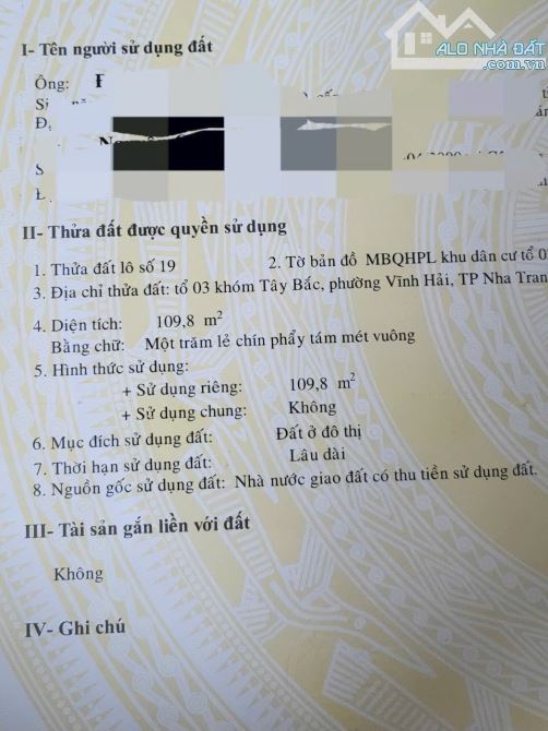 Bán đất hẻm đường 2/4 đối diện làng SOS, Vĩnh Hải, Nha Trang. Dt:109,8m2. Giá:35tr/m2 - 1