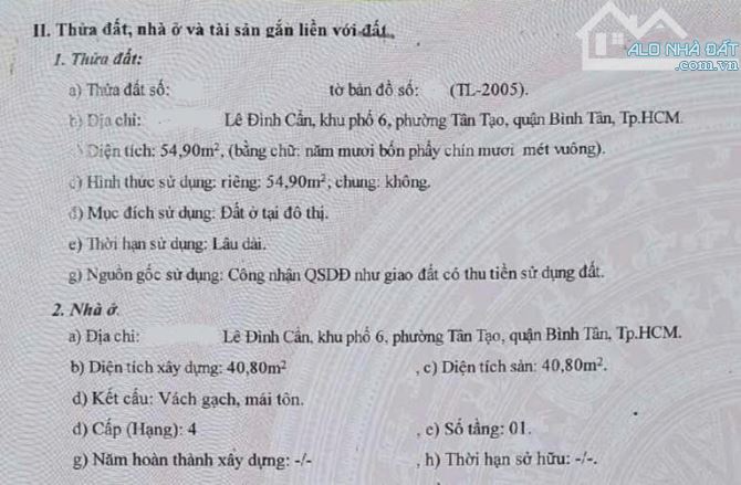 Bán nhà Lê Đình Cẩn, Tân Tạo, Bình Tân, DT 55m2 - 7.4 x 9 - 1 tầng, Chỉ 1.7 tỷ TL