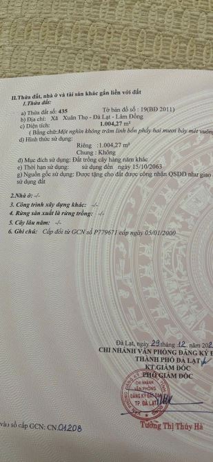 Xuân Thọ  - Đà Lạt .Dt : 1004m2 đất nn quy hoạch thổ cư. Giá: 3,5 tỷ - 3