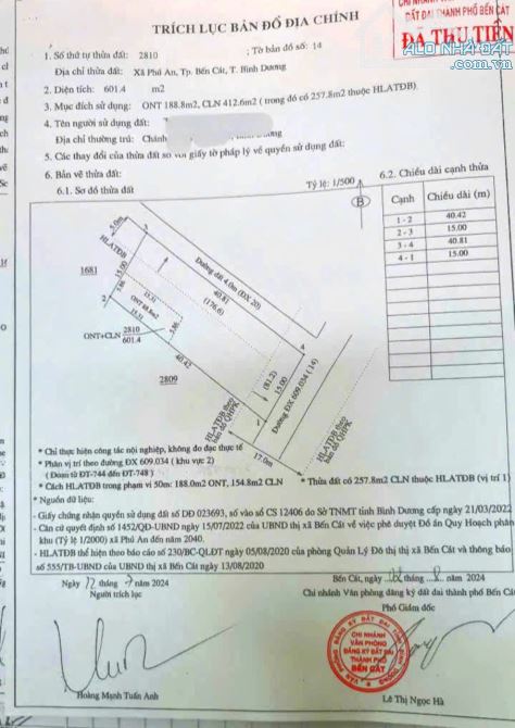 BÁN ĐẤT 2MT DX, PHÚ AN, TP.BẾN CÁT,DT: 15x40, TC188, SHR, GIÁ 3,3 TỶ - 1