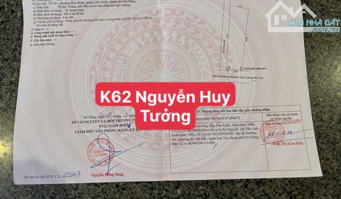 Bán đất 2 mặt kiệt 4m Nguyễn Huy Tưởng - Hoà Minh - Liên Chiểu