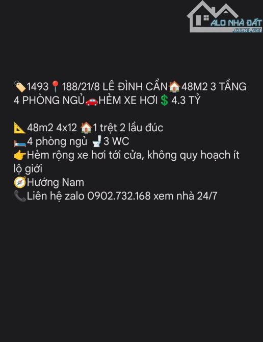 BÁN NHÀ 188/21/8 LÊ ĐÌNH CẨN_48M2 3 TẦNG 4 PHÒNG NGỦ_HẺM XE HƠI - 5