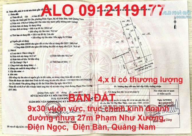 NÓNG !!!  BĐ QL1A cầu Tứ Câu - Điện Ngọc - Điện Bàn 9x30m, giá 3,9x ti TL