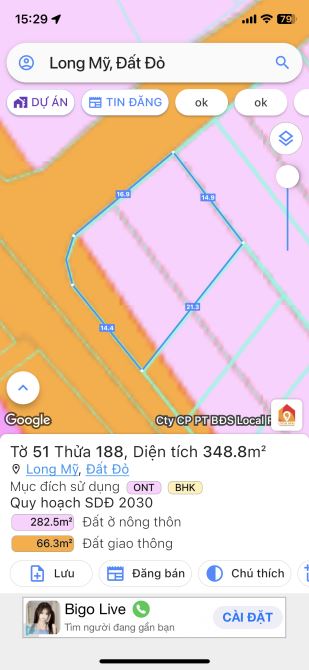 Thị trấn Phước Hải Long Mỹ, 348m2, có 2 mặt tiền, ngay sát ven biển 994, có 100 thổ cư