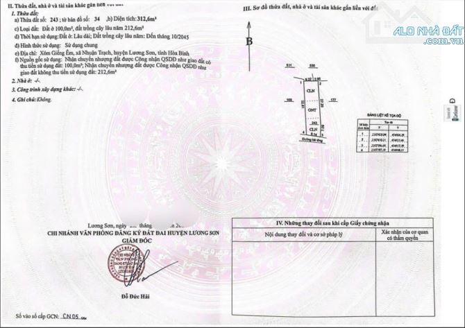 312,6m2/100m TC mặt tiền gần 10m dân cư sầm uất, đường thông tại Nhuận Trạch. Giá 8tr/m2 - 1