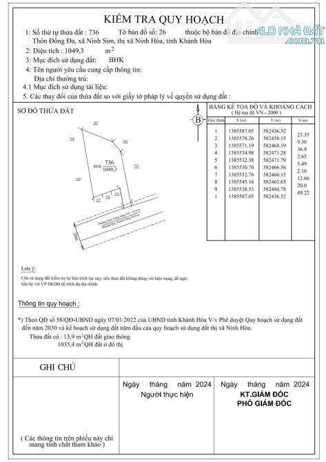 Kẹt Tiền cần Bán đất Ninh Sim, Ninh Hòa, Mặt tiền đường đống đa, cạnh KCN Ninh Xuân 1049m - 1