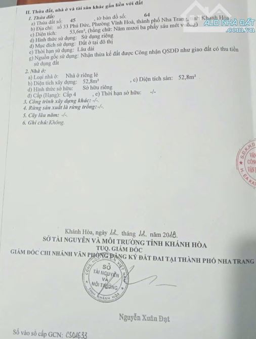 Bán đất mặt tiền đường Phú Đức, phường Vĩnh Hoà, Nha Trang 53,6m2 ( rộng 4,4m ) giá 2,65ty - 5