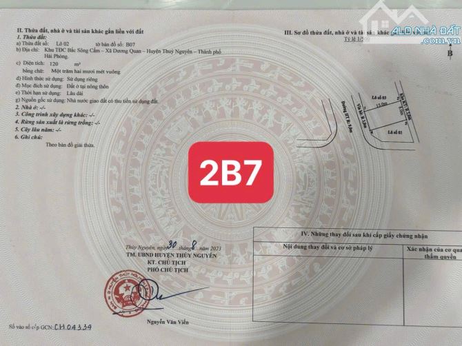 Siêu phẩm 120m lô ÁP GÓC khu B Bắc Sông Cấm Dương Quan Tp Thuỷ Nguyên giá đẹp