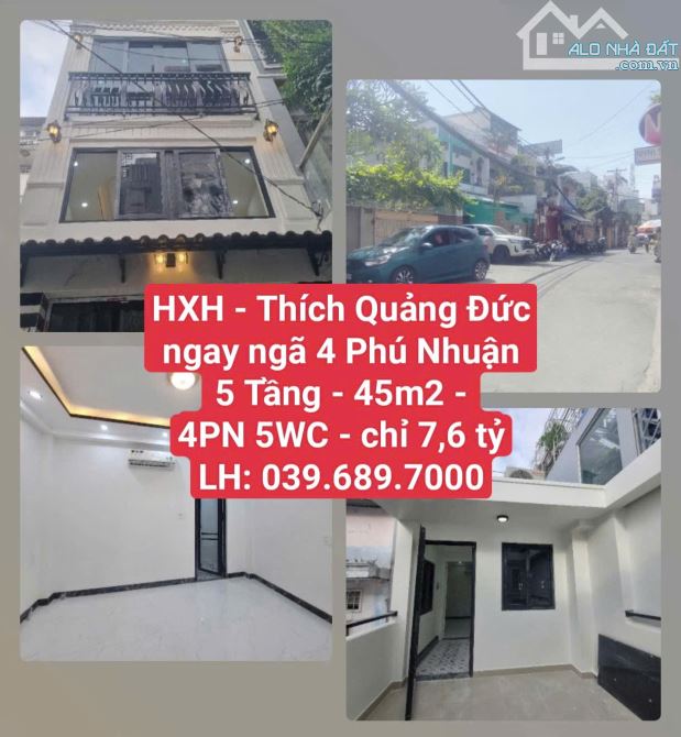 Hẻm xe hơi - Thích Quảng Đức, ngay ngã 4 Phú Nhuận - 5 Tầng - 45m2 - 4PN 5WC - chỉ 7,6 tỷ