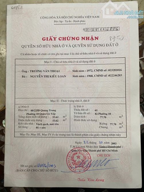 Bán nhà 383/3/63 Quang Trung p10 GV. 6.2 tỷ tl. - 2