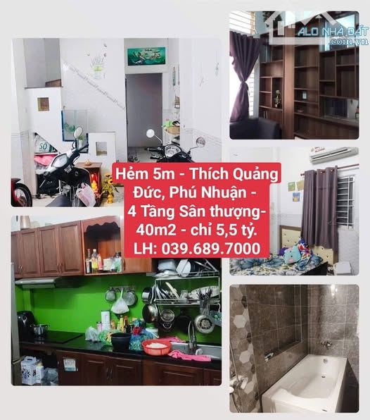 Hẻm 5m - Thích Quảng Đức, Phú Nhuận - 4 Tầng Sân thượng - 40m2 - chỉ 5,5 tỷ.