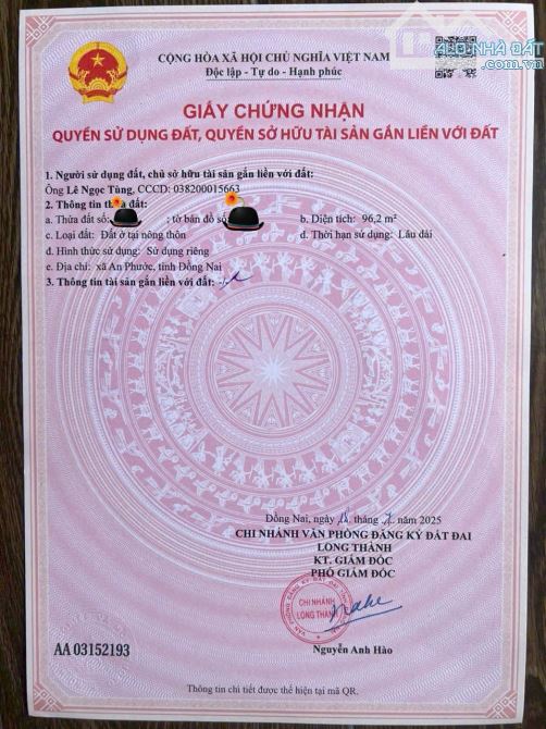 Bán gấp đất KCN An Phước, Dt 96m2. shr, giá 900tr