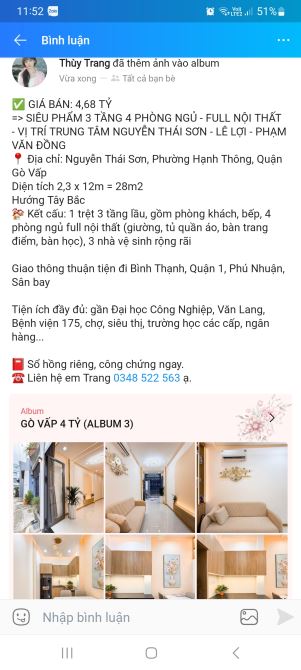 Nhà 3 tầng 4 phòng ngủ giá 4 tỷ 680 đường Nguyễn Thái Sơn Phường 4 Gò Vấp SHR full nội t