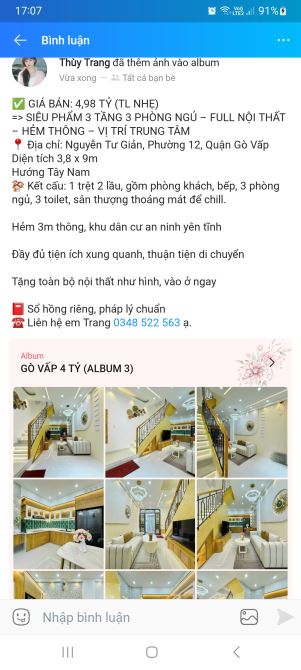 Nhà Gò Vấp 4 tỷ 98 hẻm thông 3 tầng 3 phòng ngủ SHR Nguyễn Tư Giãn Phường 12