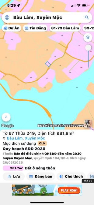 BÁN 1000M2 ĐẤT MT NHỰA VIEW HỒ SÔNG RAY TAI BÀU LÂM XUYÊN MỘC, GIÁ 850TR