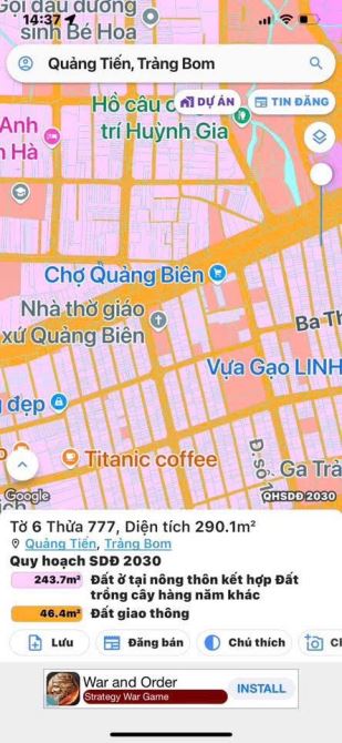 Đất nền xã Quảng Tiến cũ( xã TrảngBom mới) 2ty950 gần chợ Quảng Biên, QL1A. - 1