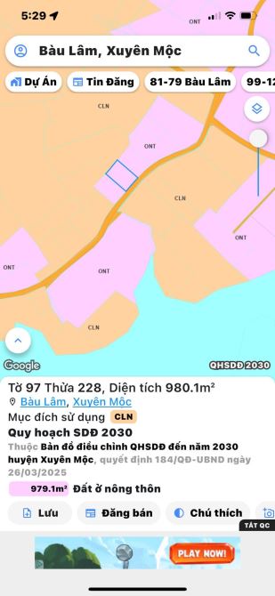 BÁN 1000M2 ĐẤT MT NHỰA VIEW HỒ SÔNG RAY TAI BÀU LÂM XUYÊN MỘC, GIÁ 850TR - 1