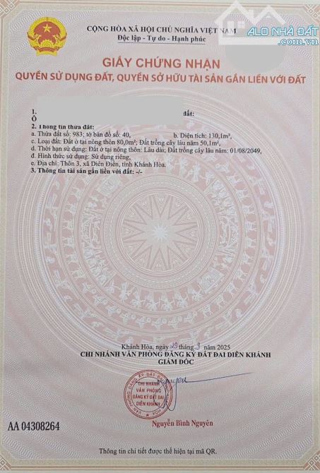 Bán đất Diên Phú thôn 3 đường thông gần Quốc Lộ 1A - 5