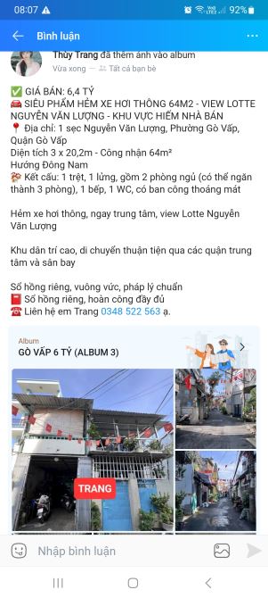64m2 giá 6 tỷ 400 hẻm xe hơi thông sau lưng Lotte Nguyễn Văn Lượng Phường 17 Gò Vấp - 6