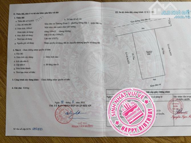 Bán lô đất biêt thự DT 169 M ngang 9 Đông Hải 1 Hải An