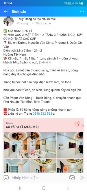 Nhà Nguyễn Văn Công Phường 3 Gò Vấp 3 phòng ngủ giá 3 tỷ 750 SHR 2 mặt hẻm thoáng