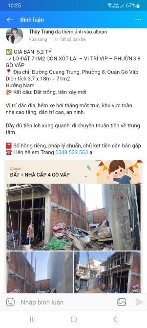 Bán đất trống full thổ cư 71m2 giá 5,2 tỷ đường Quang Trung Phường 8 Gò Vấp SHR khu vip