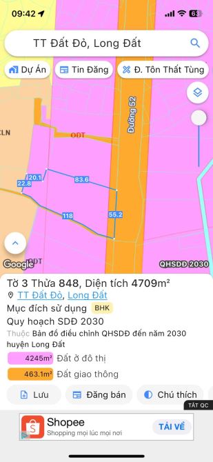 Chủ gủi bán lô góc 55m mặt tiền Tỉnh Lộ 52 xã Đất Đỏ - TP HCM. Dt: 4711m2 (55x118) hướng Đ - 5