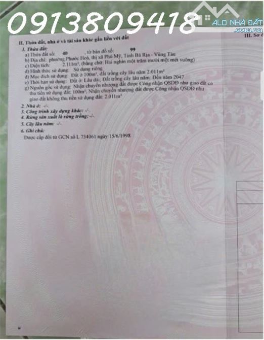 Cần bán hoặc cho thuê đất vườn P. Phước Hòa, TX Phú Mỹ, DT 2.111m2, giá đầu tư - 2