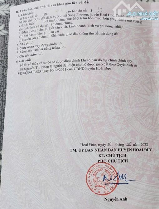 Bán 144m2 đất dịch vụ Song Phương mặt tiền 9.4m không lỗi