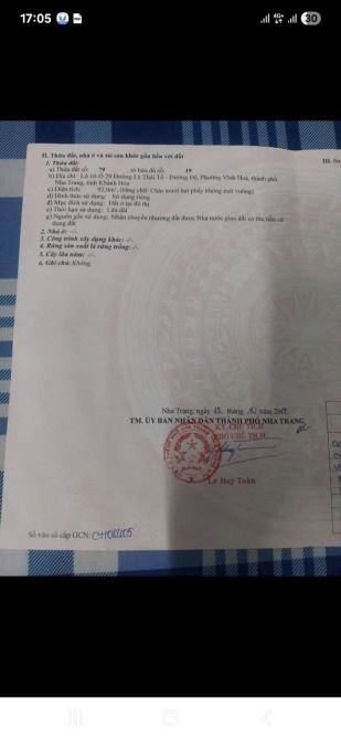 CẦN BÁN LÔ ĐẤT MT ĐƯỜNG LÝ THÁI TỔ, HÒN XỆN, TP NHA TRANG (LÔ 10, Ô 29)