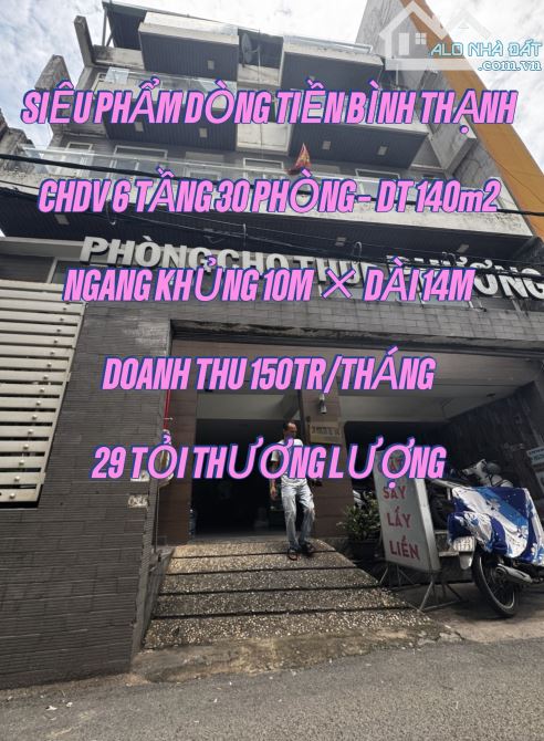 SIÊU PHẨM DÒNG TIỀN BÌNH THẠNH - CHDV 6 TẦNG 30 PHÒNG - 140m2 (10×14) - DOANH THU 150TR/TH - 10