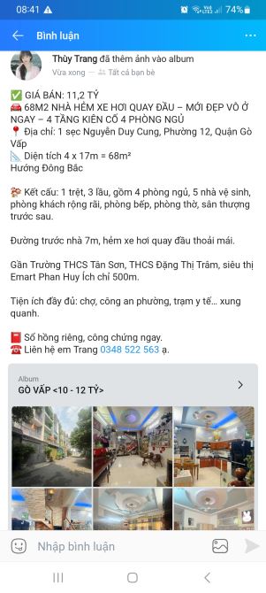 Bán nhà 4 tầng 68m2 hẻm 7m ô tô quay đầu đường Nguyễn Duy Cung Phường 12 Gò Vấp 11,2 tỷ TL