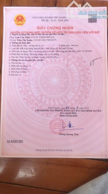 BÁN ĐẤT 3 GÒ – TRUNG MỸ – BÌNH XUYÊN – VĨNH PHÚC 	Diện tích: 100m²,