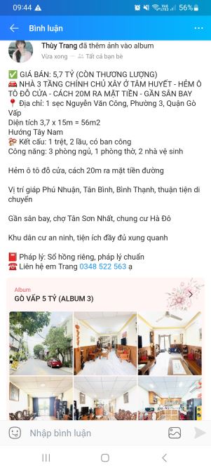 Bán nhà Gò Vấp 3 tầng hẻm xe hơi đường Nguyễn Văn Công Phường 3 giá 5 tỷ 700 TL 56m2