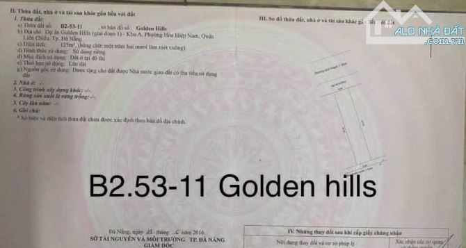 "📍 Bán đất Golden Hills – Tờ 334, Thửa 60 (B2.53 Lô 11), Hoà Hiệp Nam, Liên Chiểu