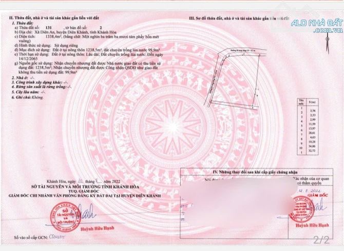 Bán lô Đất 1338 m2 Diên An - 2 mặt tiền đường Oto - Gần Khu đô thị - 2