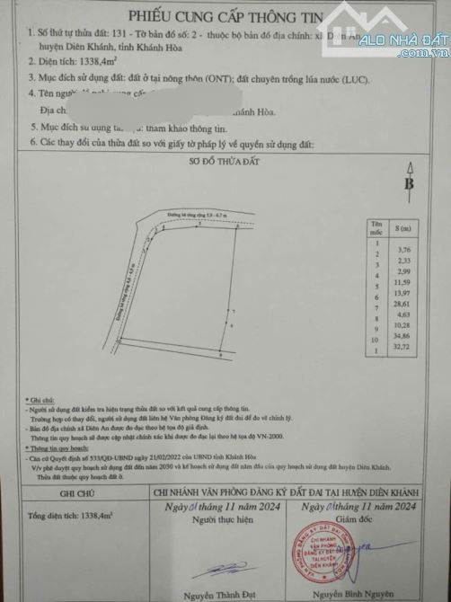 Bán lô Đất 1338 m2 Diên An - 2 mặt tiền đường Oto - Gần Khu đô thị - 3