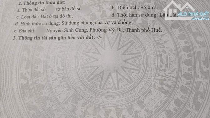 Bán lô đất Mặt tiền đường NGUYỄN SINH CUNG, phường VỸ DẠ, HUẾ - Chỉ 6 tỷ/95m2 (5,2x 18) - 5