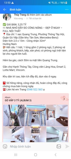 Bán nhà 32m2 giá 3 tỷ 250 đường Quang Trung Phường 8 Gò Vấp sổ hồng riêng full nội thất