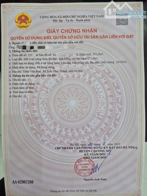Chính chủ gửi bán DT 351m tại Thôn Văn Sơn Chương Mỹ - 1