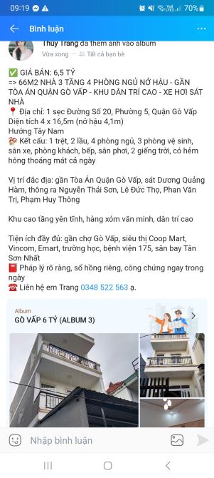 Bán nhà 66m2 1 sẹc 3 tầng 4 phòng ngủ gần mặt tiền đường số 20 Phường 5 Gò Vấp SHR 6,5 tỷ