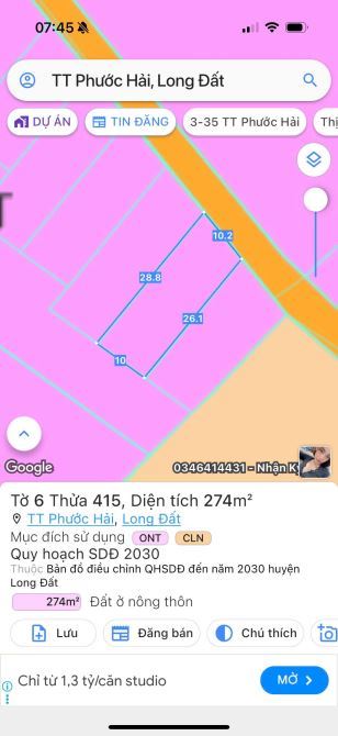 🏡 Bán đất TT Phước Hải – 274m², view núi, gần Hồ Sở Bông & Lan Rừng Resort, giá 2,15 tỷ
