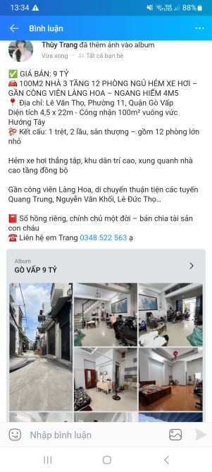 Nhà Gò Vấp diện tích khủng 100m2 có tới 12 phòng 3 tầng hẻm xe hơi phường Thông Tây Hội SH