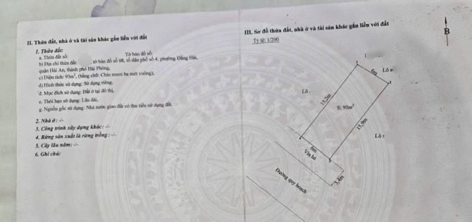 Bán lô đất TĐC SỞ TƯ PHÁP - đằng hải - hải an - hải phòng . Diện tích :93m ngang 6m