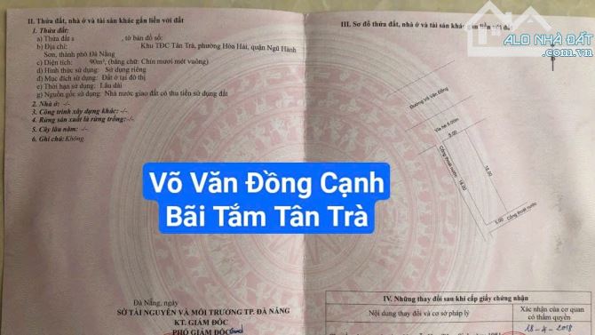 Đất đường 7m5 Võ Văn Đồng Kẹp luồng, Thông Trường Sa, bãi Tắm Tân Trà. S= 90m2 5.8 tỷ,