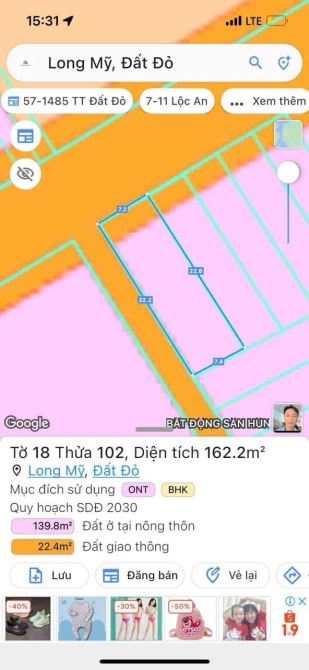 GÓC 2 MẶT TIỀN NGAY TỈNH LỘ 44B VÔ 500M;  Long Mỹ - Đất Đỏ - BRVT ; cách biển Phước Hải - 6