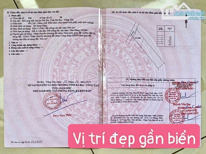 🌟 Bán đất 491m² trục chính Long Mỹ, TT Phước Hải, gần biển, giá 3.85 tỷ 🌊