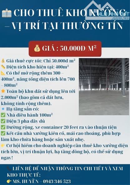 🏢 CHO THUÊ KHO XƯỞNG – VỊ TRÍ TẠI THƯỜNG TÍN
